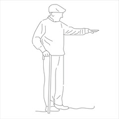 continuous line drawing of old man walking with stick.line art