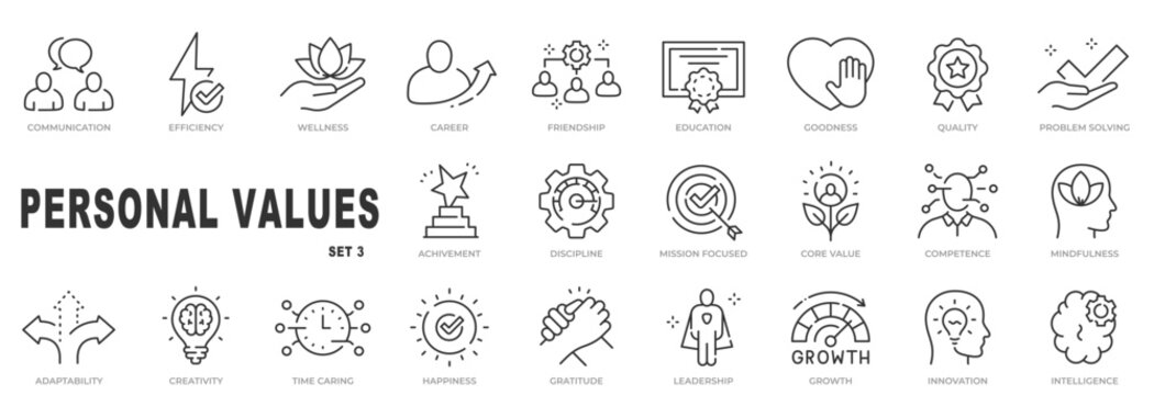 Third set of personal values theme line icons. Editable stroke
