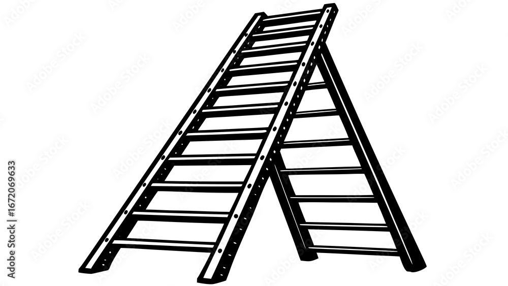 Poster illustration of an a frame ladder with multiple rungs and black outline on a white background view c