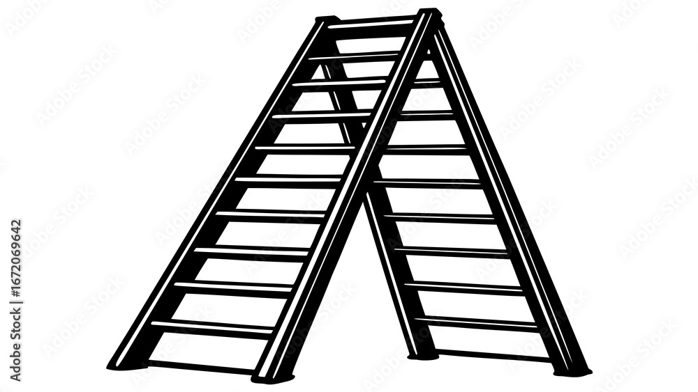 Poster illustration of a symmetrical a frame ladder with multiple rungs in black and white drawing style cr