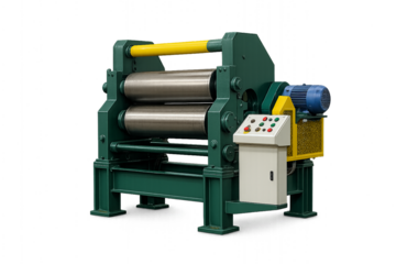 Isolated transparent realistic metal rolling mill machine for steel processing, rolling mill machine with rollers and control system, rolling mill heavy industrial equipment PNG die-cut.