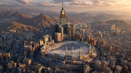 Mecca aerial view Grand Mosque Abraj Al-Bait Clock Tower sunrise cityscape © Anha