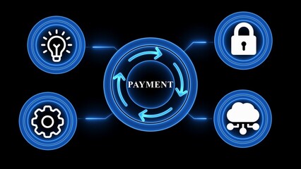 Payment Process Cycle with Blue Neon Icons and Black Background transaction digital