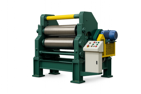 Isolated transparent realistic metal rolling mill machine for steel processing, rolling mill machine with rollers and control system, rolling mill heavy industrial equipment PNG die-cut.