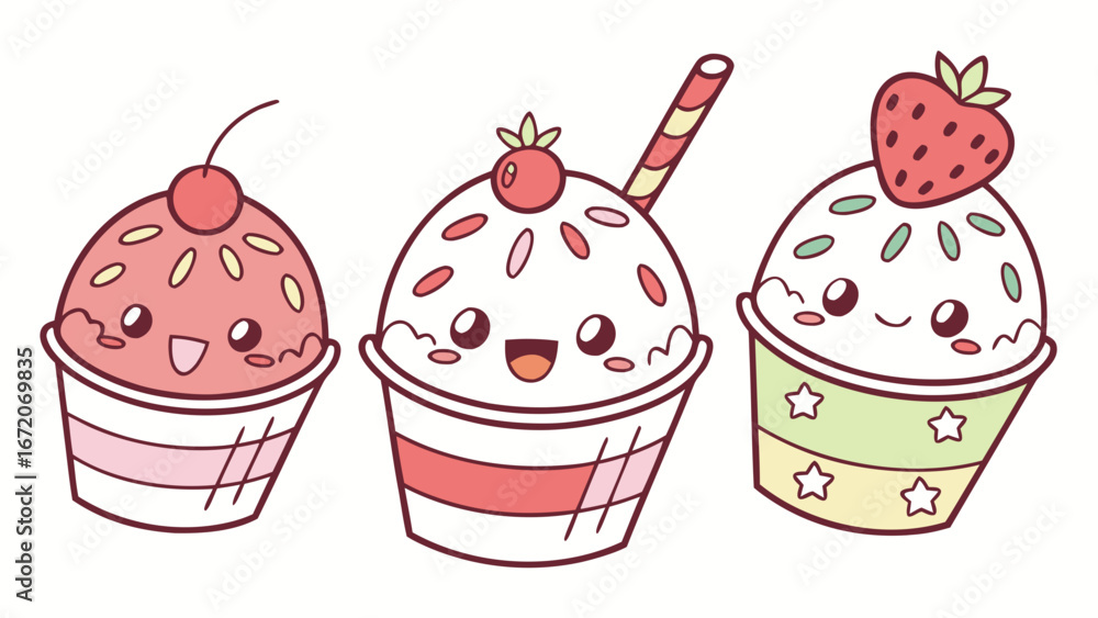 Poster three cute cupcakes with toppings and smiling faces in a row on a white background design created wi