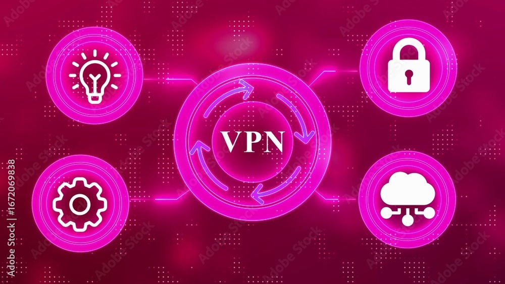 Poster vpn technology concept with icons for security idea cloud and settings on pink background virtual pr
