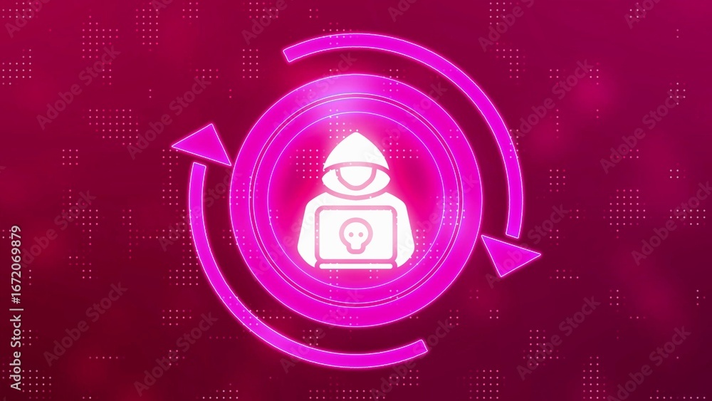 Poster pink neon hacker icon with laptop and skull on digital dot pattern background cybercrime security