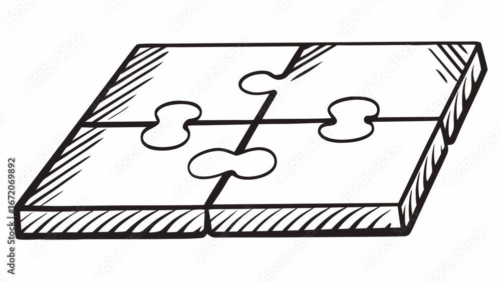 Poster illustration of a completed four piece jigsaw puzzle with a perspective view in black and white styl