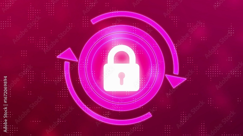 Poster digital security lock icon with circular arrows on a pink digital background padlock data