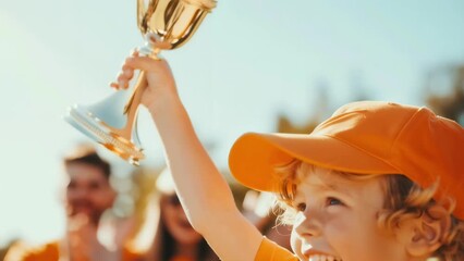 A smiling boy holding a trophy with his proud family in the background. A concept of childhood success and parental support. Use for family oriented promotions or school sports events