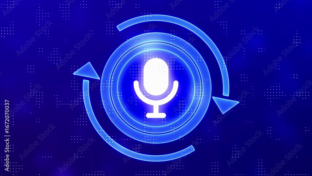 Poster blue neon circular arrows and microphone icon with digital pattern background technology symbol