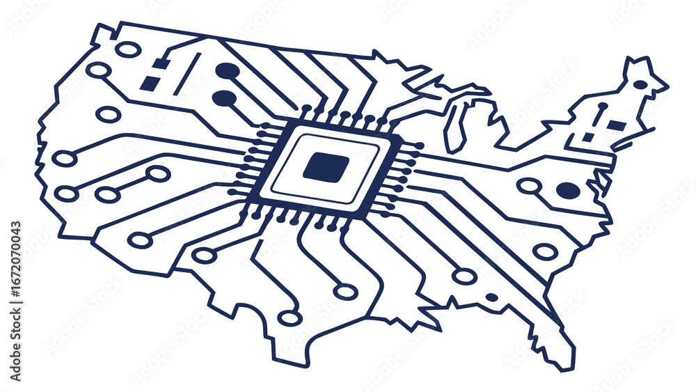 Poster united states map overlaid with a circuit board pattern in blue on a white background visual created