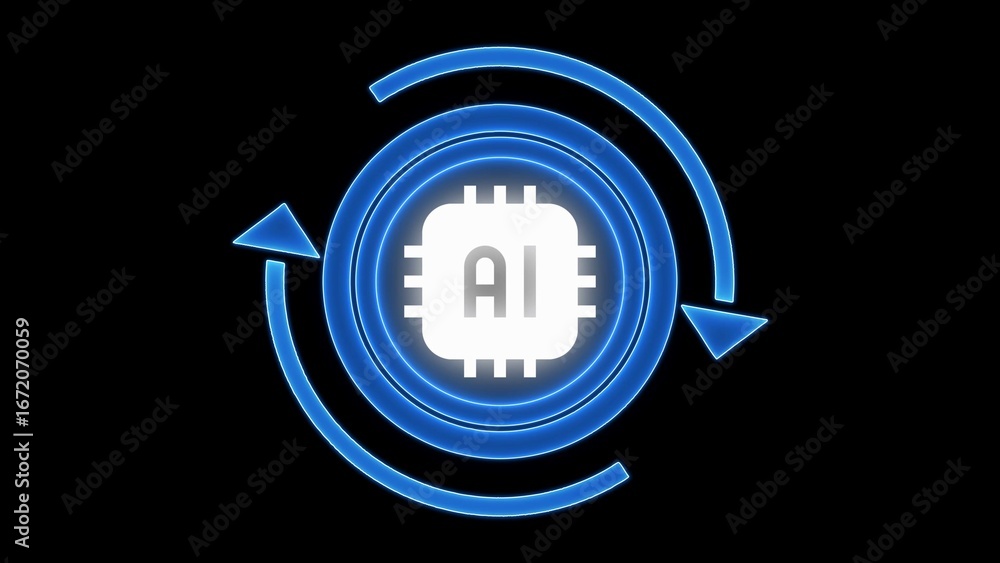 Aufkleber blue neon ai chip icon with circular arrows on black background artificial intelligence processor