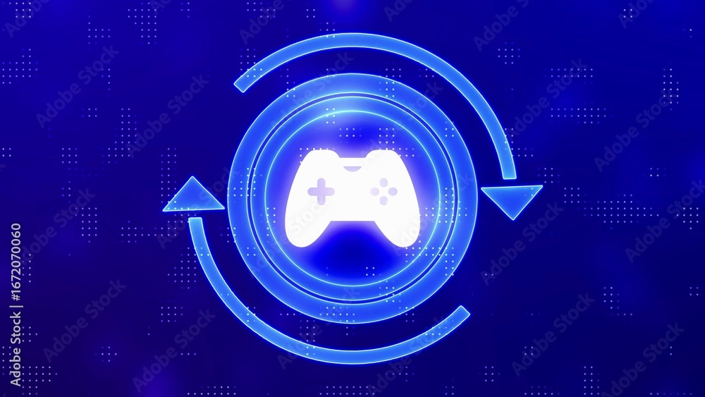 Poster glowing blue neon game controller icon with circular arrows on digital background gaming video game
