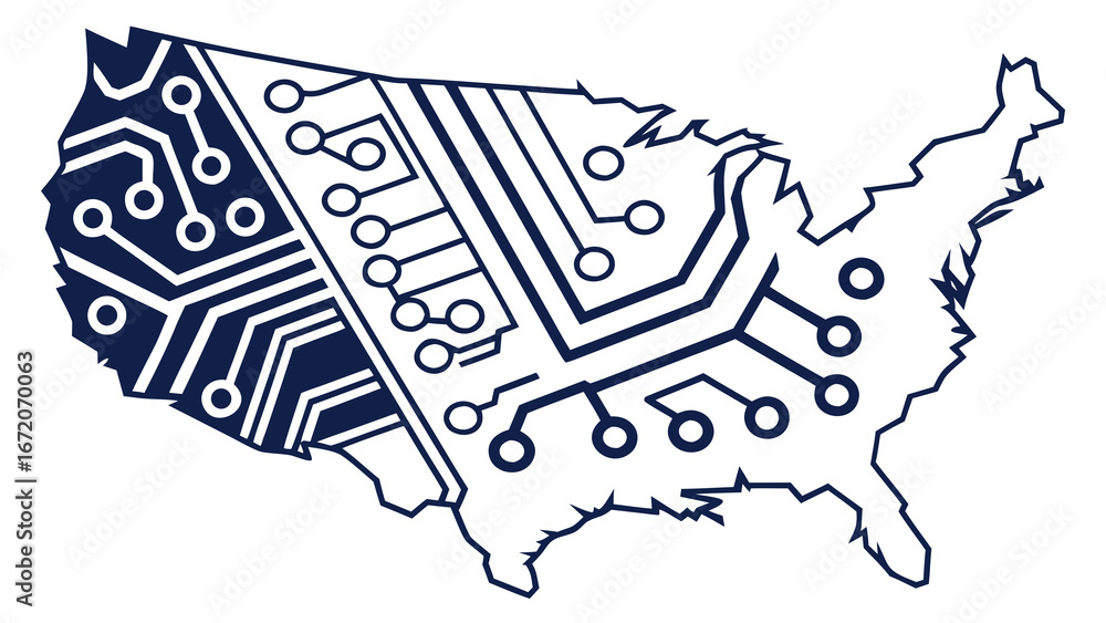 Poster united states map filled with a circuit board pattern in blue and white on a white background create