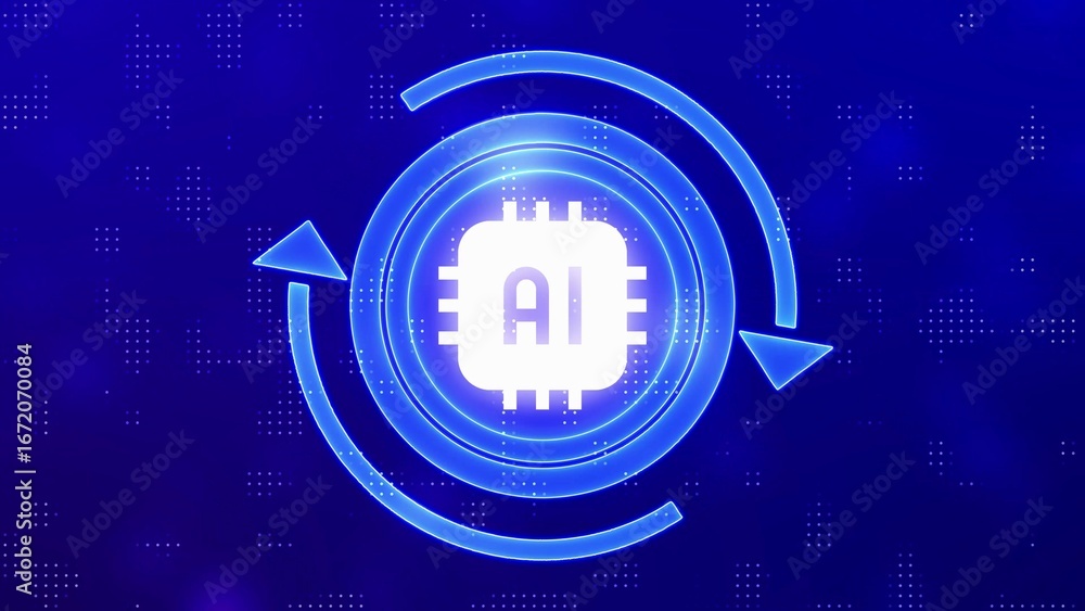 Poster blue neon ai chip icon with circular arrows on digital background artificial intelligence processor