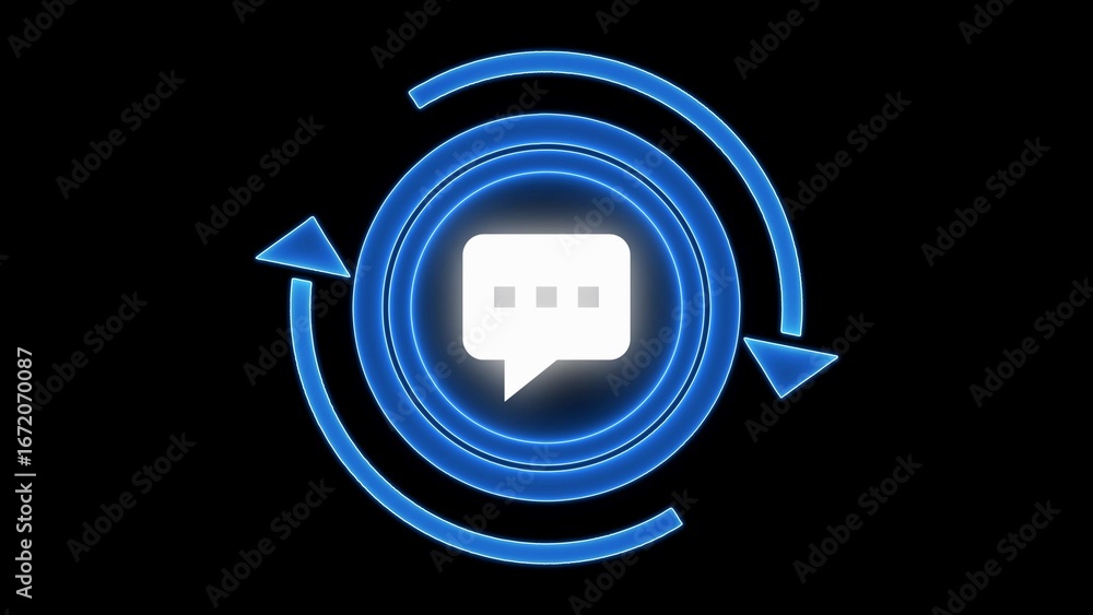 Poster glowing blue circular arrows with chat bubble icon on black background message communication