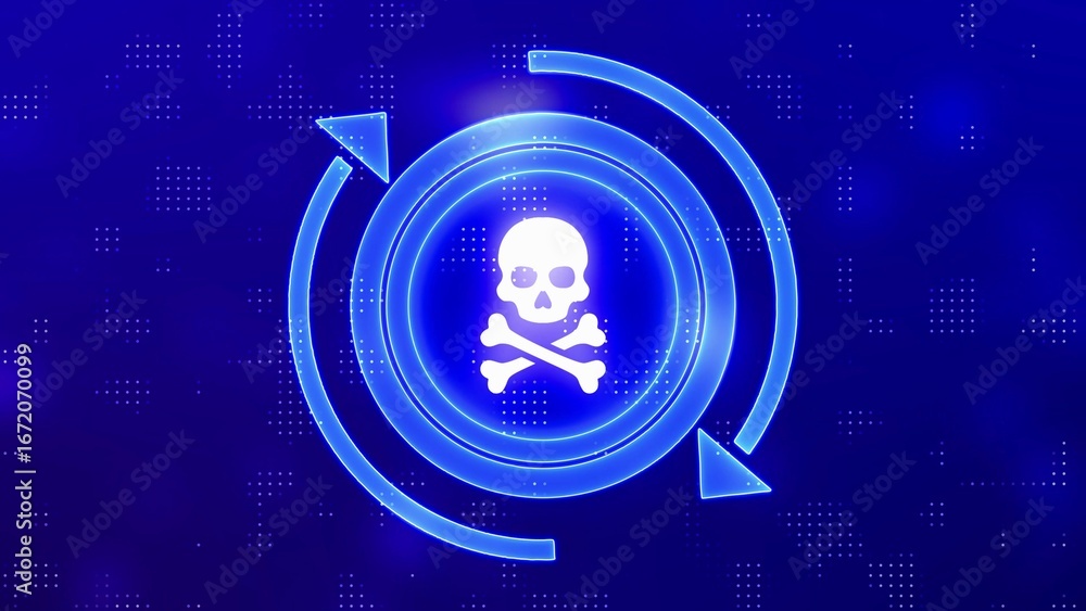 Aufkleber digital skull and crossbones symbol with circular arrows and digital background danger warning