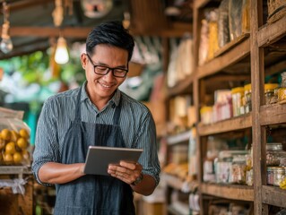 Smiling male shopkeeper using tablet in vibrant market setting with colorful goods and wooden shelves showcasing fresh produce and spices