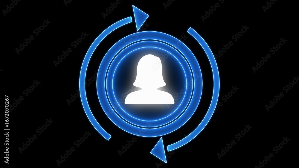 Poster blue neon user icon with circular arrows and data points on black background profile person