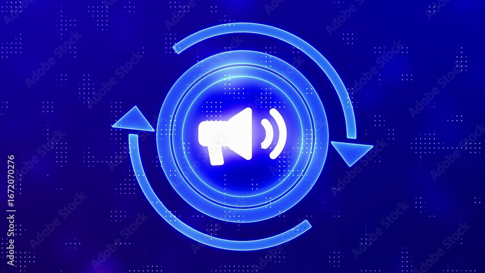Poster digital blue neon megaphone icon with circular arrows and abstract data grid on dark blue background