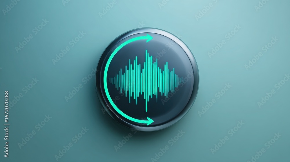 Poster sound wave visualization on blue background representing quantum fib surge optimization dial icon in
