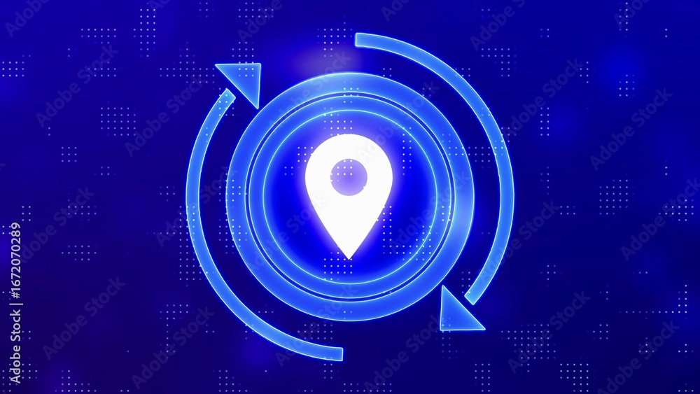 Poster location pin icon with circular arrows on abstract blue background map marker navigation