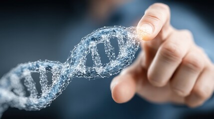 Hand gently touching a dna molecule symbolizing advanced quantum fib reaction projection tool in scientific research