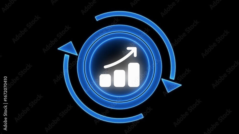 Aufkleber blue neon bar chart icon with upward arrow and circular arrows on black background graph analytics