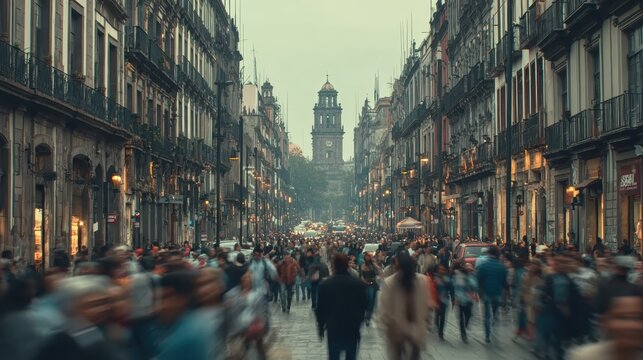 Busy Mexico City street with historical buildings and a clock tower - Powered by Adobe