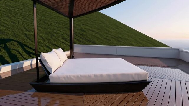 Three-dimensional rendering of beautiful beach bed on terrace near green hill for travel concepts