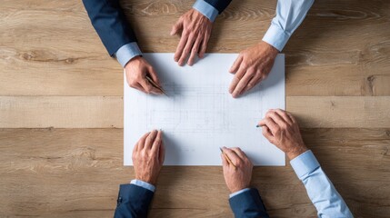 Businessmen discussing blueprint with hands on desk