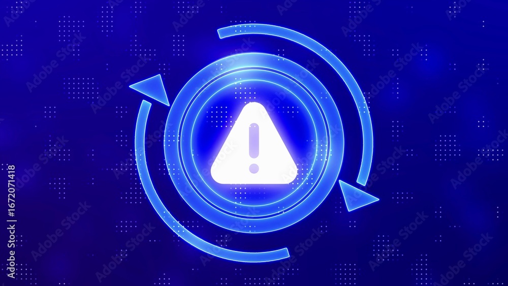 Poster blue neon warning symbol with circular arrows and digital pattern background alert danger