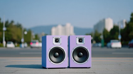 Modern Purple Speakers Standing Outdoors in Cityscape