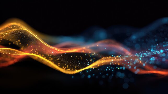 Abstract swirling ribbons of orange and blue particles against a dark background - Powered by Adobe