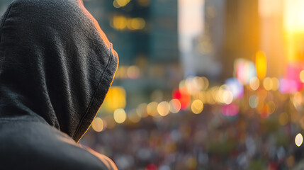 A contemplative figure in a hoodie gazes at a bustling city scene, capturing the essence of urban solitude and reflection.
