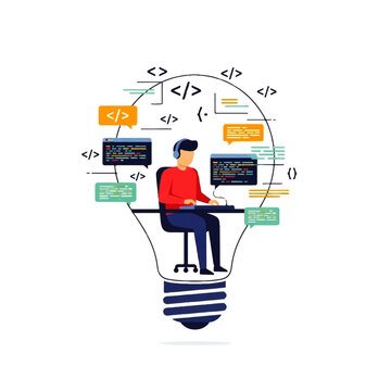 A programmer working inside a lightbulb, surrounded by code snippets and chat bubbles, symbolizing innovation and digital creativity