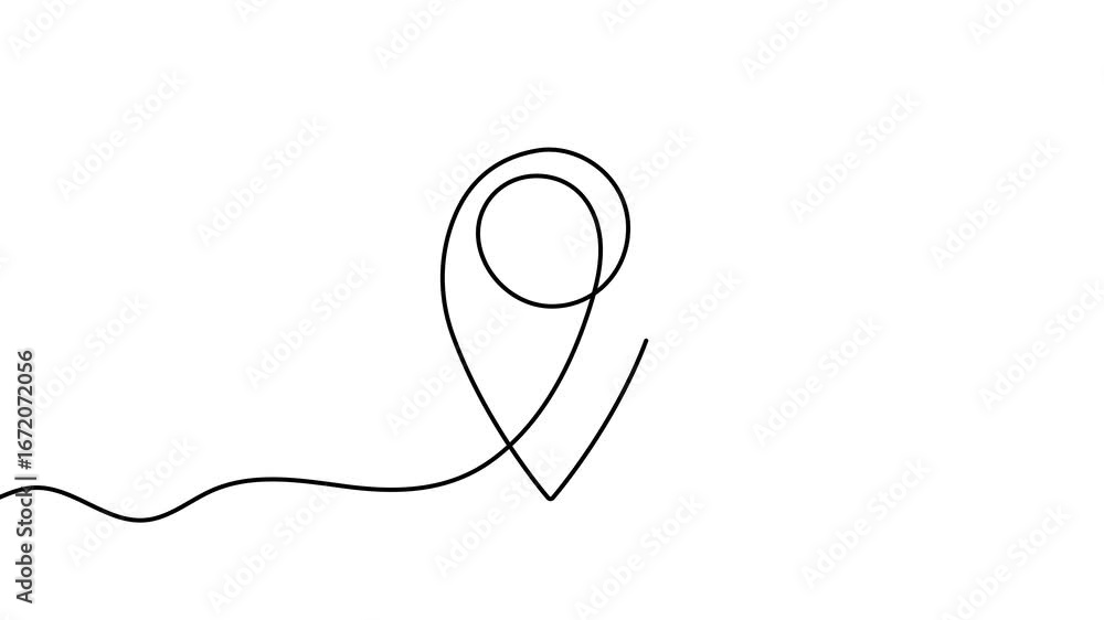 Poster animation of a single line drawing of location sign. continuous contour movement of a location sign.