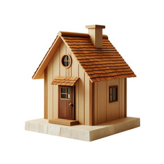 Small wooden cabin with a chimney and a round window isolated on transparent background