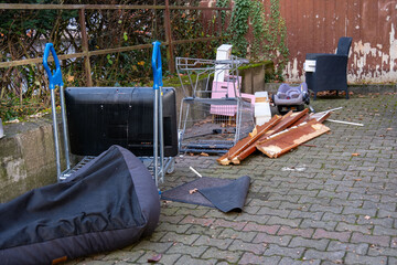 bulky waste reduction, large pile discarded furniture and wooden panels, renovation or decluttering...