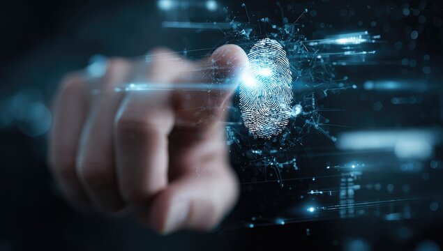 Close-up of hand with finger touching a digital fingerprint overlay