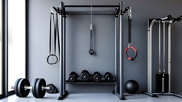 A fitness or bodybuilding theme backdrop. A product shot of vintage iron dumbbells resting on a black-grey concrete gym floor. The photo is taken from above, offering a top-down view 