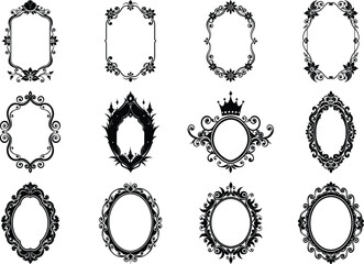 Vector art of set of twelve decorative frames featuring intricate floral patterns and unique shapes