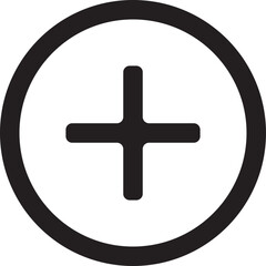 A black plus sign icon centered within a black circular outline on a white background, symbolizing addition or positive action.