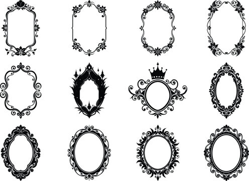 Vector art of set of twelve decorative frames featuring intricate floral patterns and unique shapes