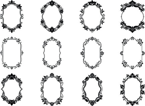 Vector art of collection of twelve ornate oval and hexagonal frames with floral and decorative elements
