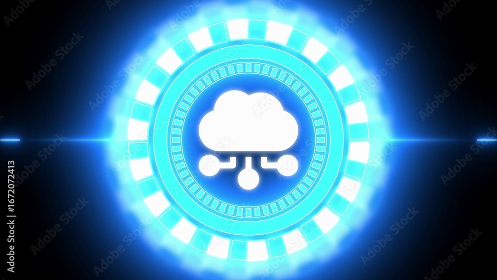 Aufkleber digital cloud computing icon on futuristic neon hud with glowing lights data storage