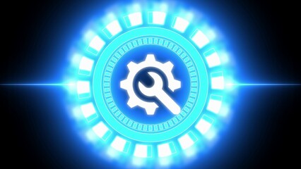 Glowing Neon Blue HUD with Gear and Wrench Icon Symbolizing Technical Support and Engineering technology