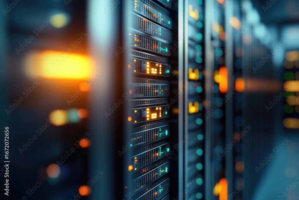Poster server racks with orange and blue lights in a modern data center for cloud technology, secure digita