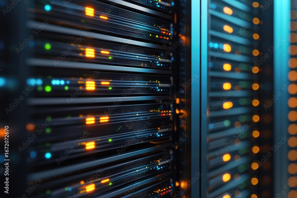 Poster closeup of illuminated server racks in a futuristic data center with orange and blue lights for clou